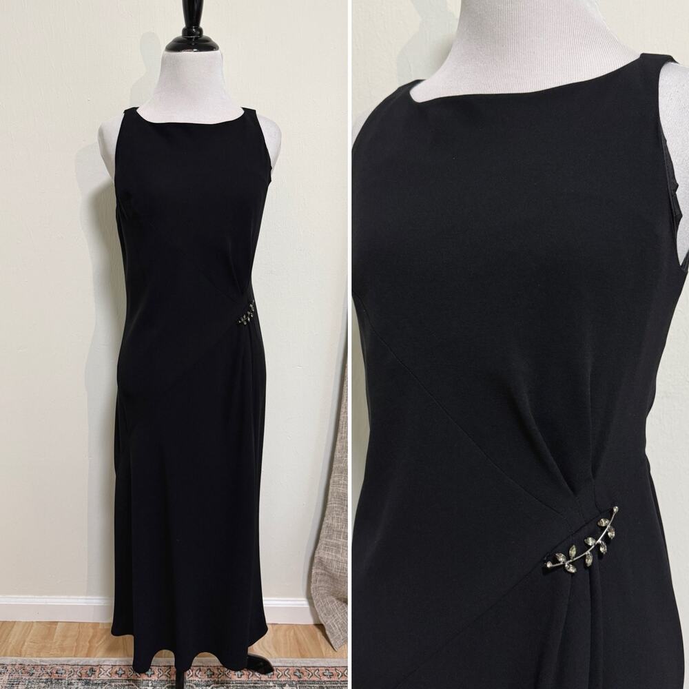 VTG Jones New York Evening Dress 6 Black 90s Brooch Elegant Minimalist Classic